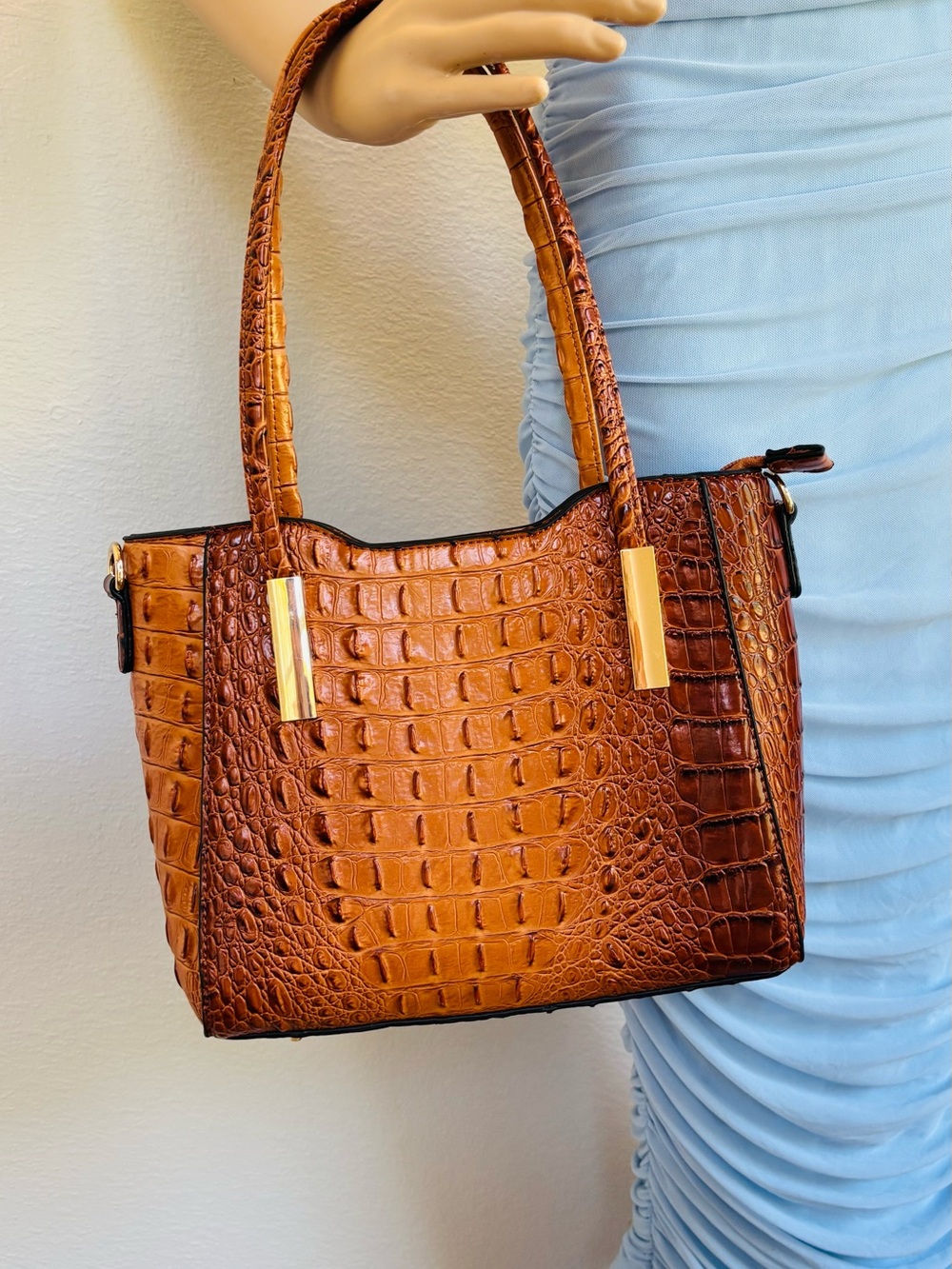 Croc-Embossed Shoulder Tote in Cognac Brown with Gold Accents and strap - Picture 10 of 15